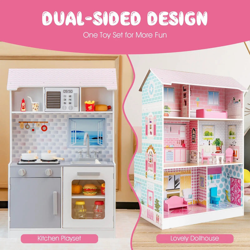 2-In-1 Double Sided Kids Kitchen Playset and Dollhouse with Furniture by DirectDeals