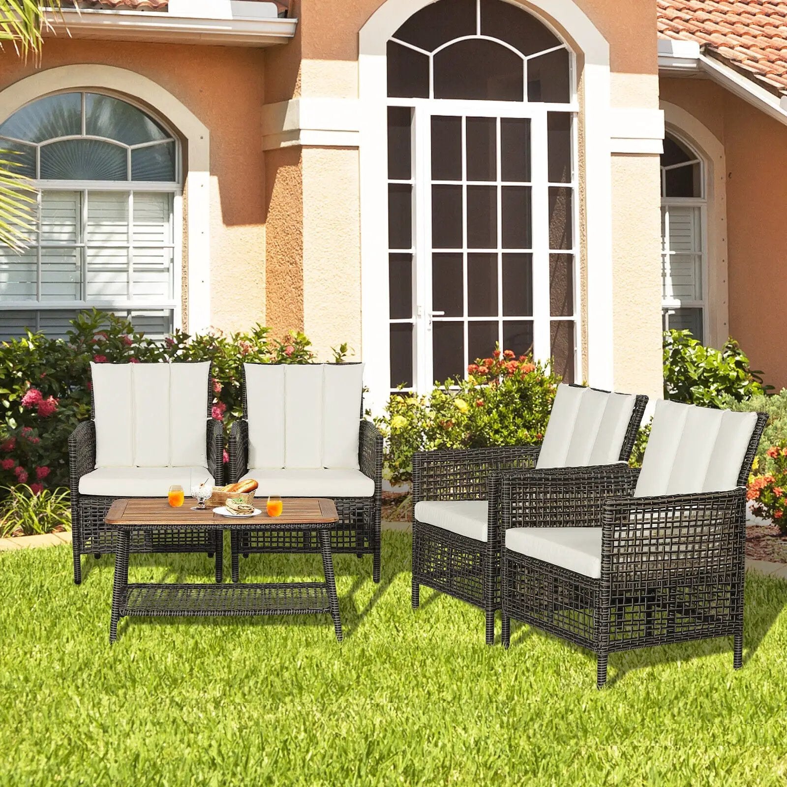 5 Pieces Patio Rattan Furniture Set Cushioned Sofa Armrest Wooden Tabletop-Off White by DirectDeals