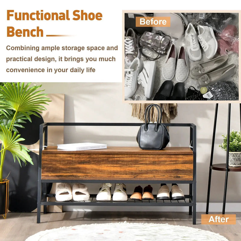 Industrial Shoe Bench with Storage Space and Metal Handrail-Rustic Brown by DirectDeals