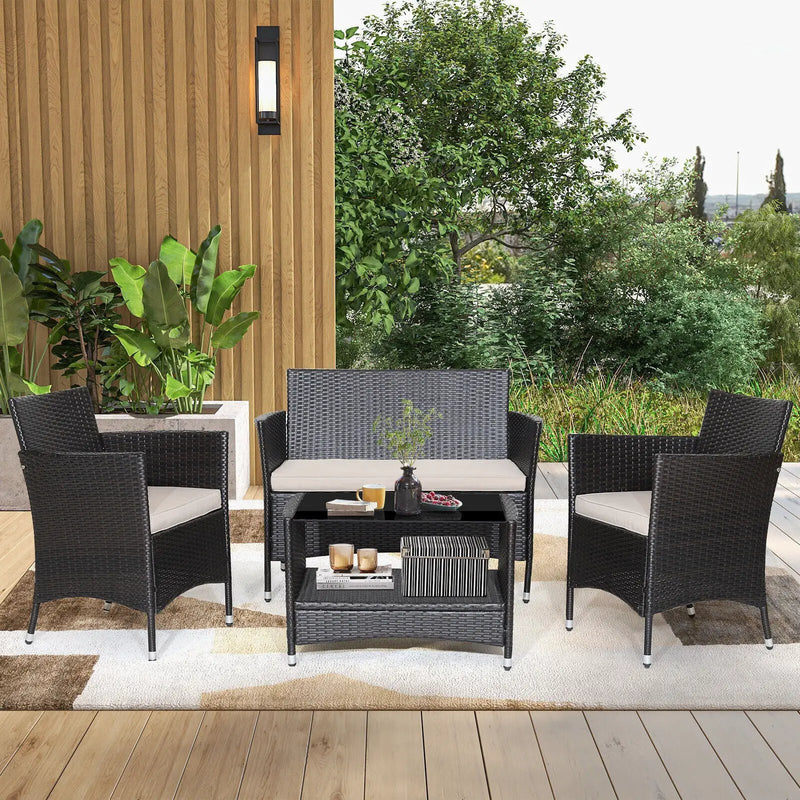 4 Pieces Patio Conversation Set with Soft Cushions and Tempered Glass Tabletop by DirectDeals