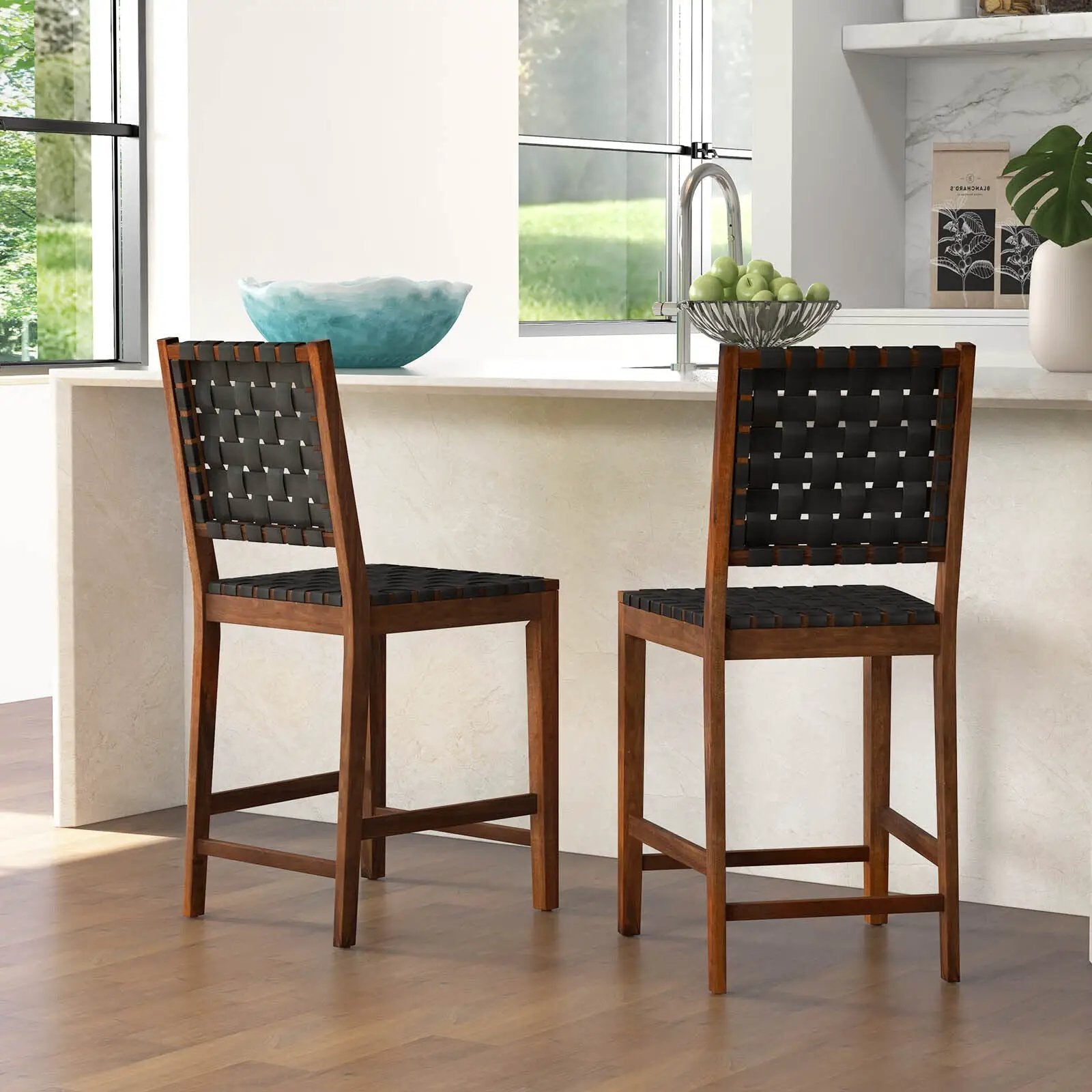 Set of 2 Woven Bar Stools with Faux PU Leather Straps-Black by DirectDeals