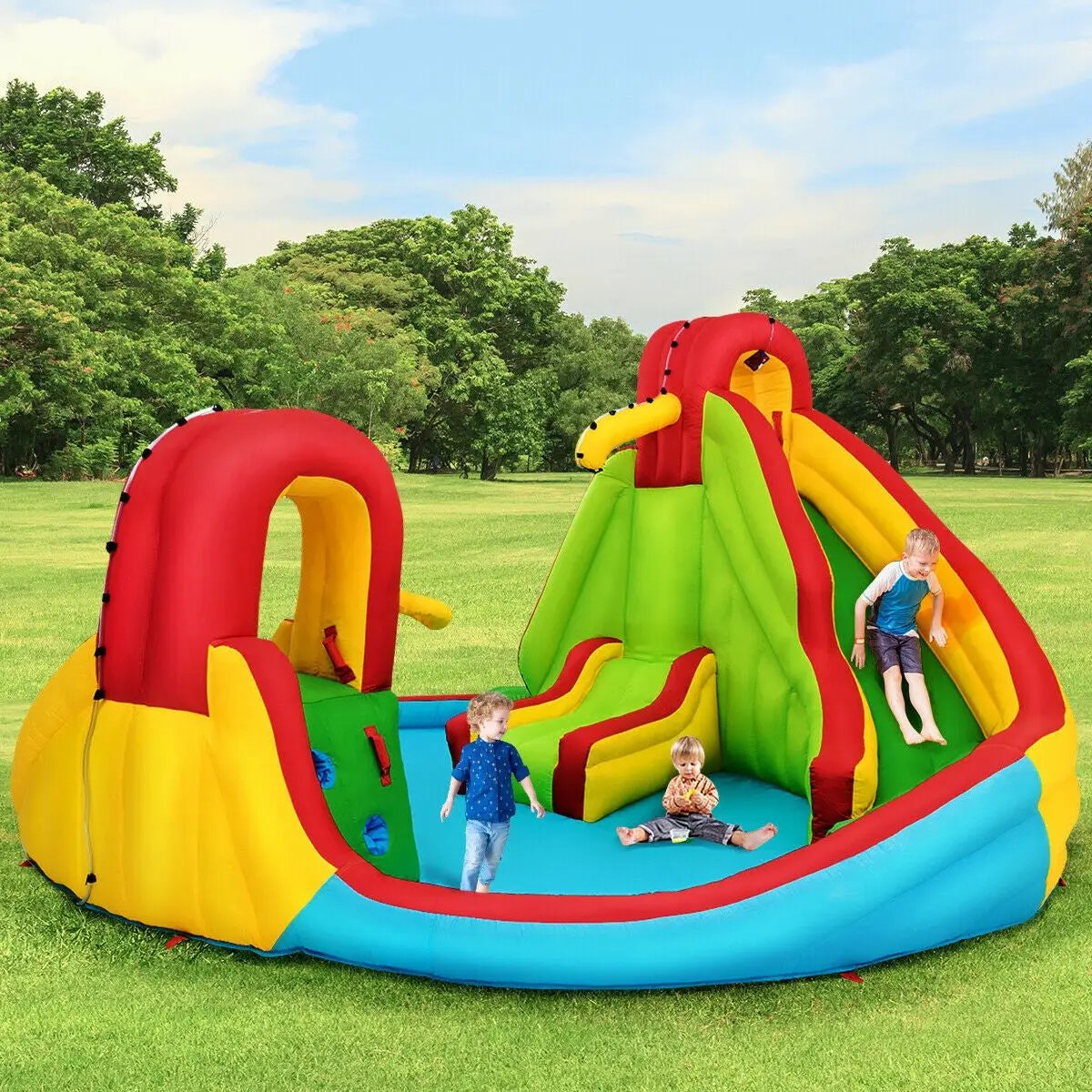 Kid's Inflatable Water Slide Bounce House with Climbing Wall and Pool Without Blower by DirectDeals