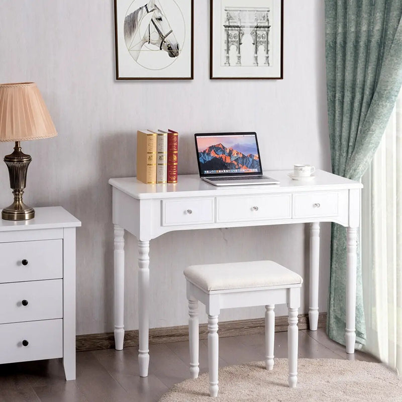 Makeup Dressing Table with Tri-Folding Mirror and Cushioned Stool for Women by DirectDeals