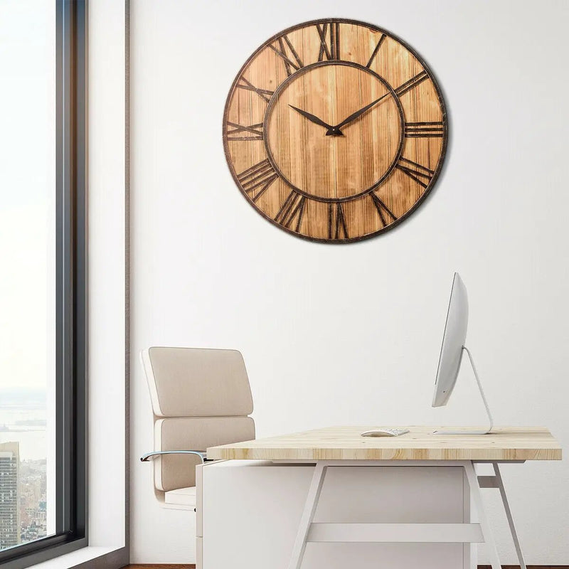 27 Inch Round Wall Clock Decorative Wooden Silent Clock with Battery by DirectDeals