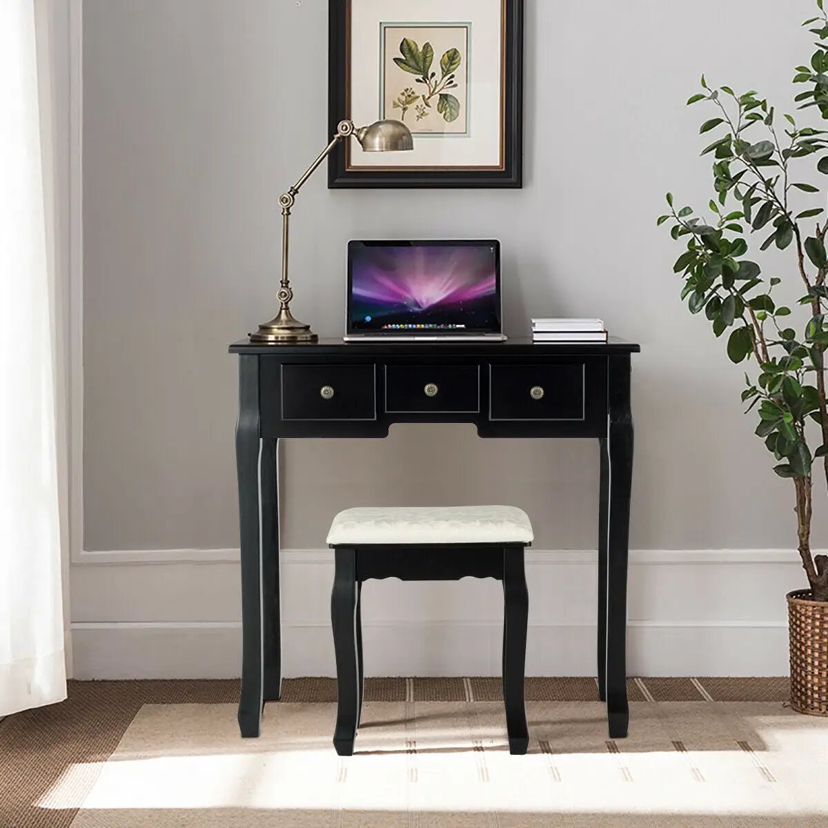 5 Drawers Vanity Table Stool Set with 12-LED Bulbs by DirectDeals