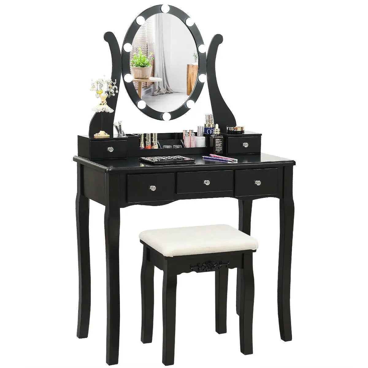 10 Dimmable Lights Vanity Table Set with Lighted Mirror and Cushioned Stool by DirectDeals