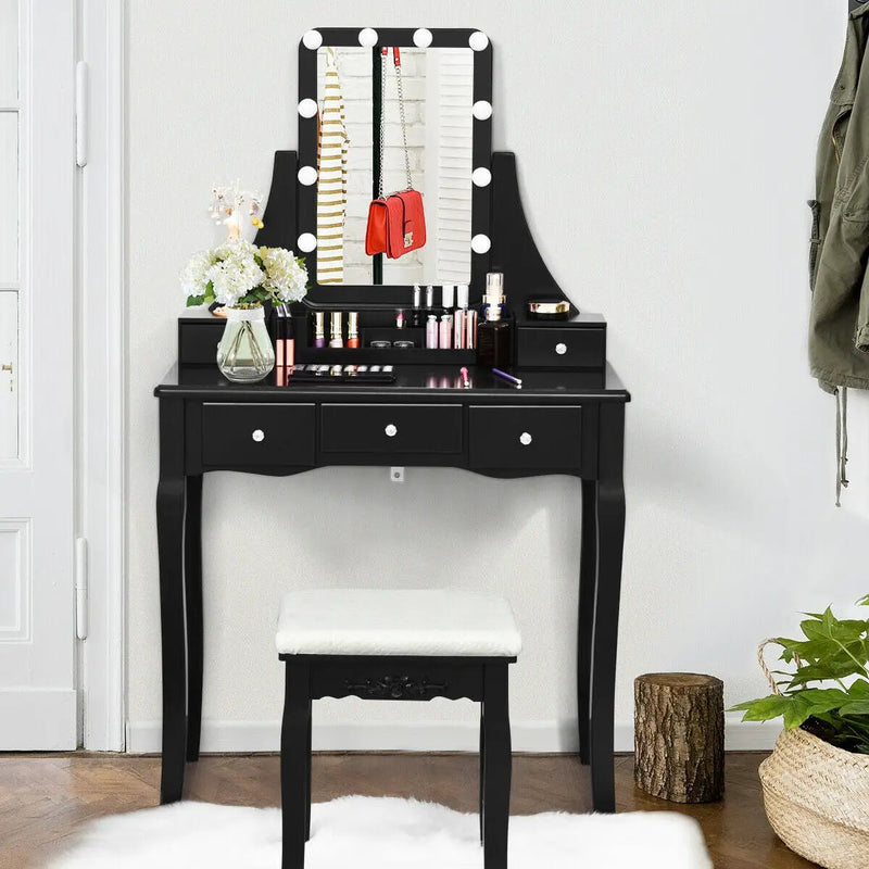 10 Dimmable Light Bulbs Vanity Dressing Table with 2 Dividers and Cushioned Stool by DirectDeals