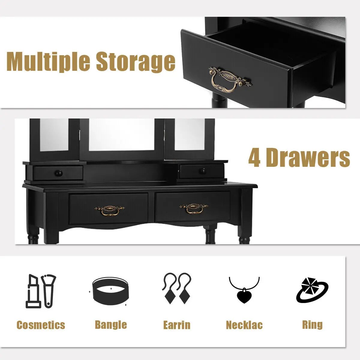 Simple Vanity Set with Tri-Folding Mirror Drawers and Storage Shelf by DirectDeals