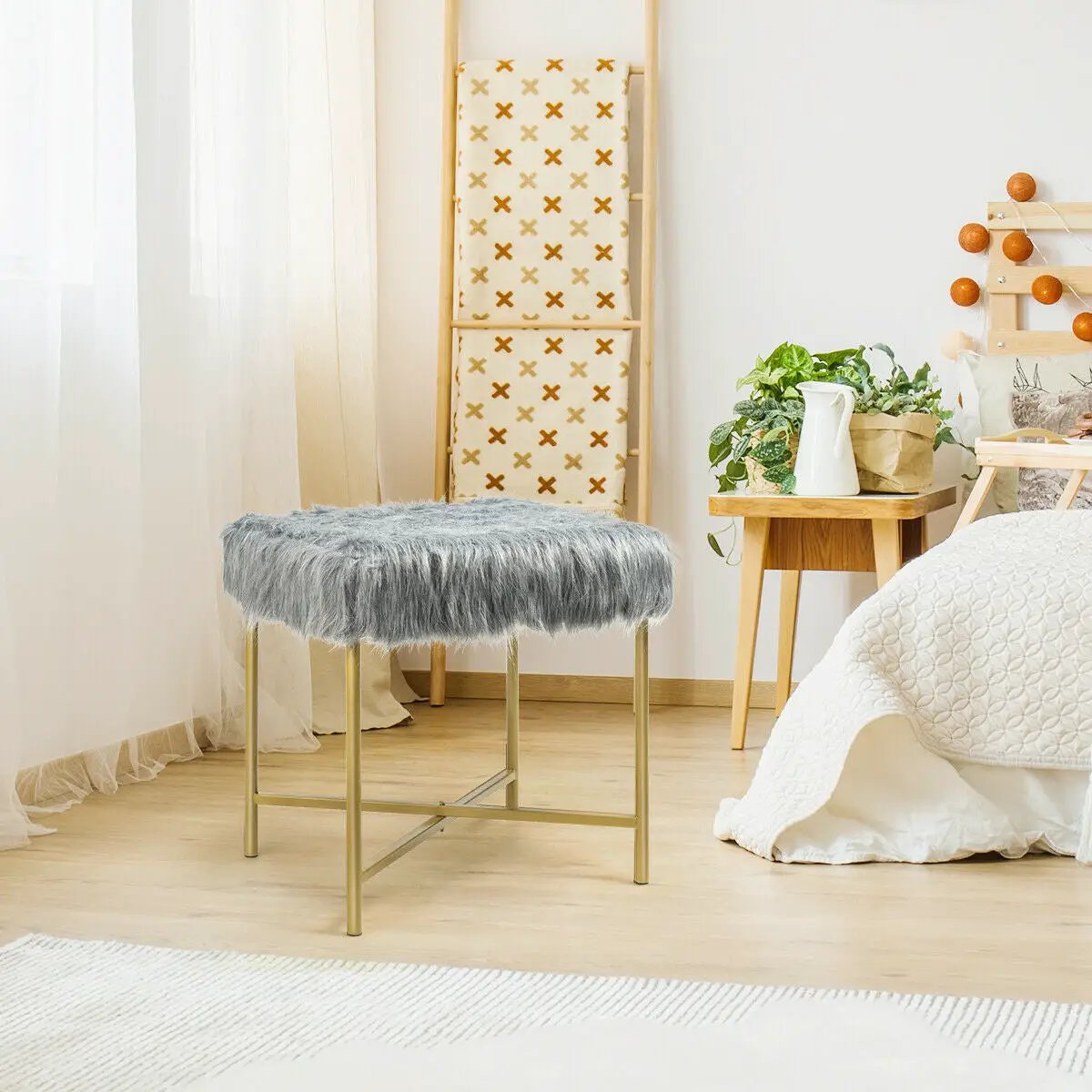 Faux Fur Ottoman Decorative Stool with Metal Legs by DirectDeals