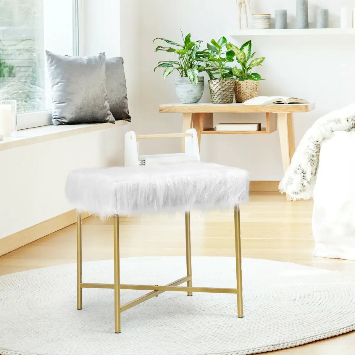 Faux Fur Ottoman Decorative Stool with Metal Legs, photo 3 of 24