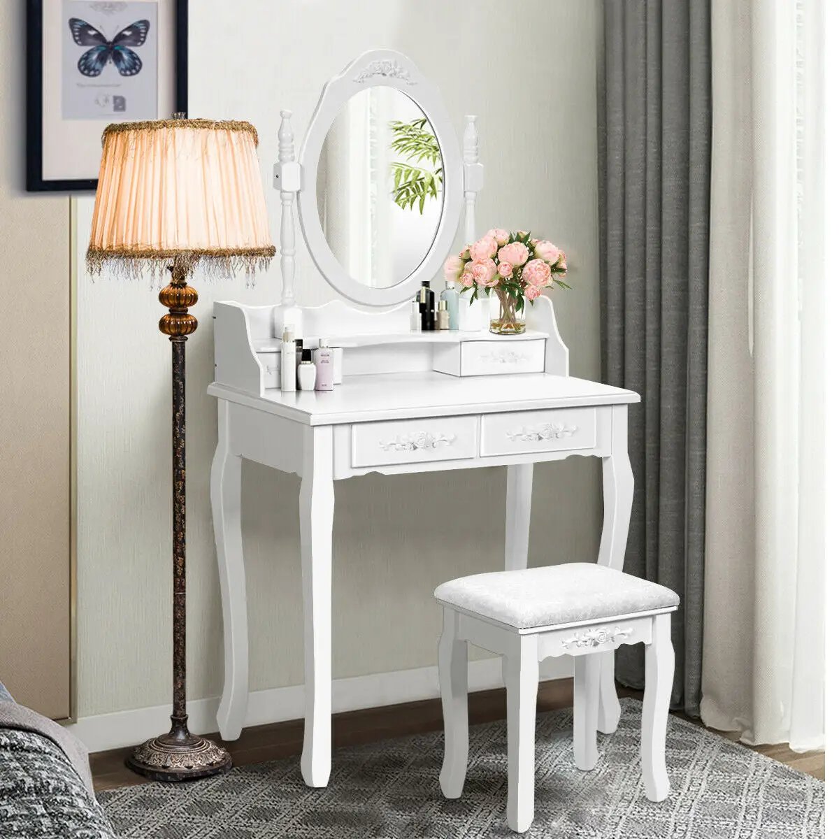 Wood Vanity Table Set with Oval Mirror and 4 Drawers for Kids Girls Women-White by DirectDeals