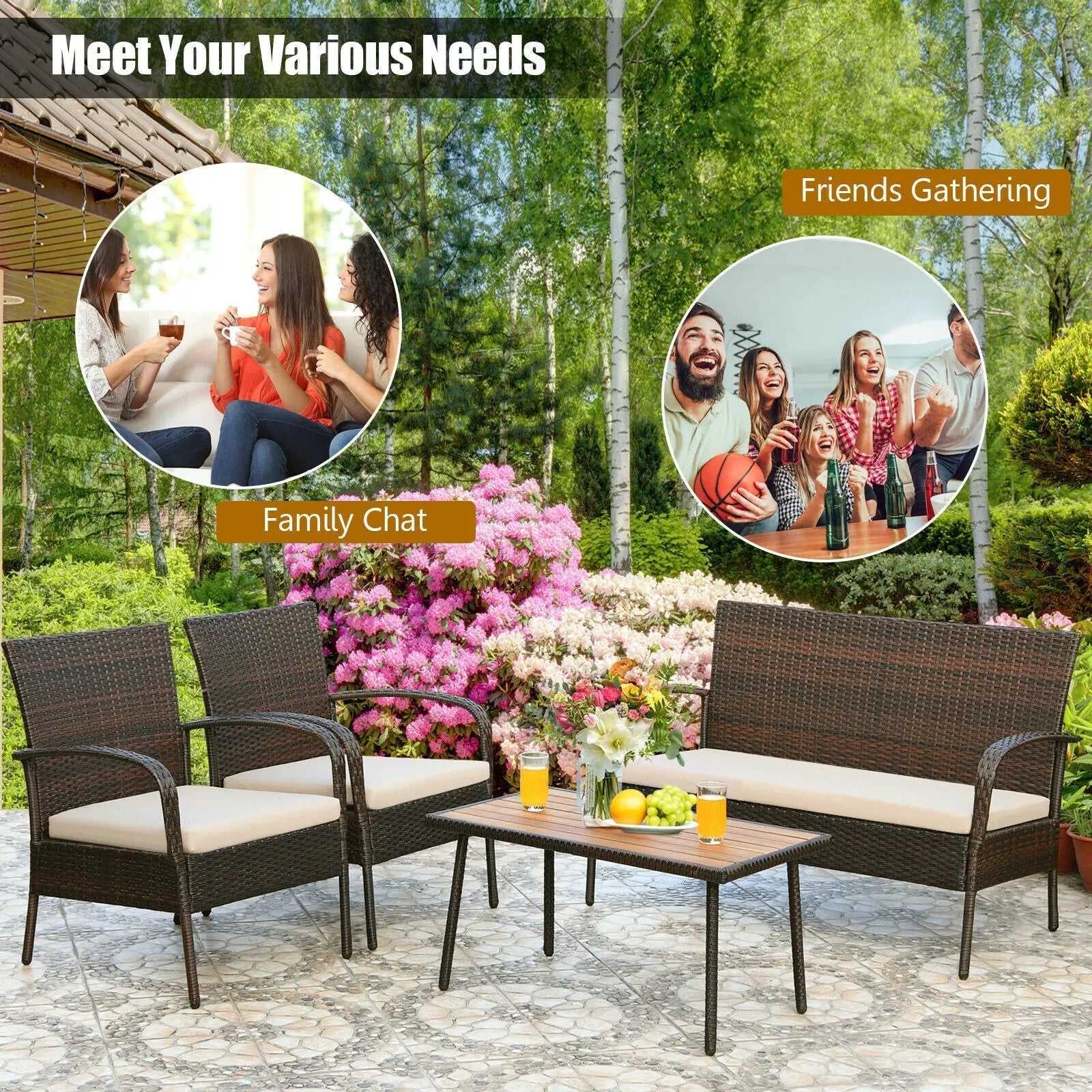 4 Pieces Patio Cushioned Wicker Conversation Set with Acacia Wood Tabletop by DirectDeals