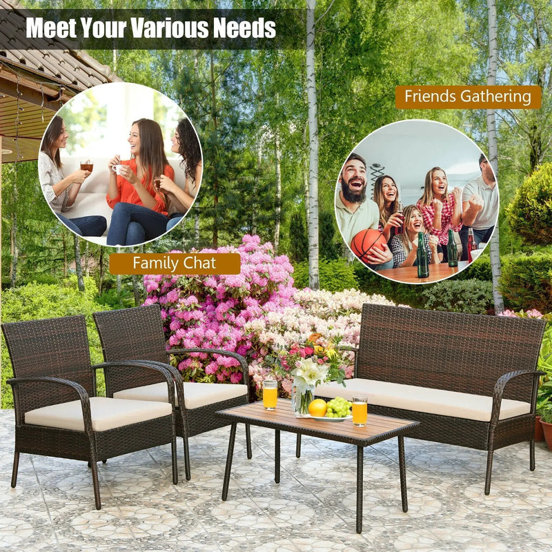 4 Pieces Patio Cushioned Wicker Conversation Set with Acacia Wood Tabletop by DirectDeals