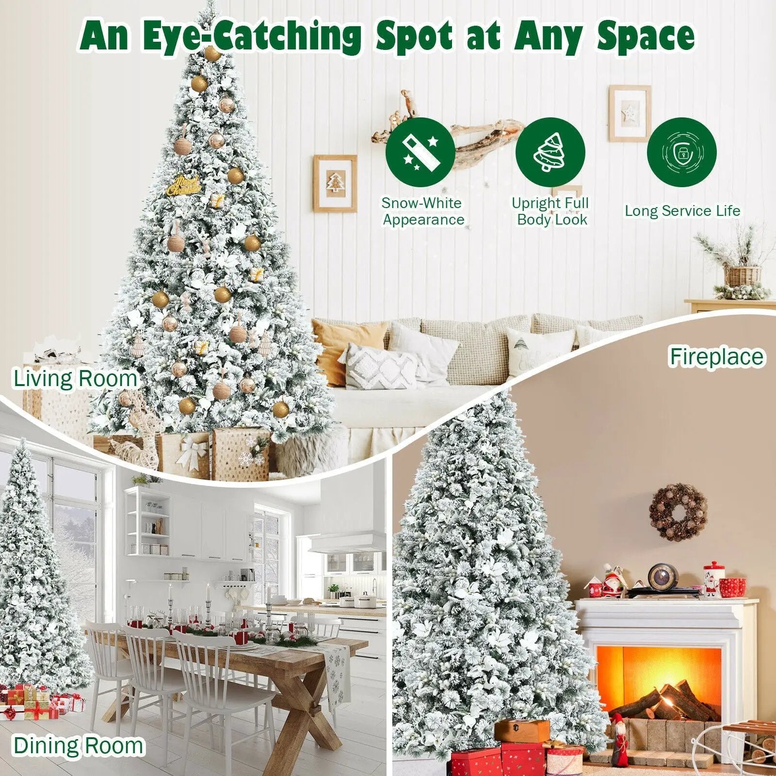 8 Feet Snow Flocked Hinged Christmas Tree with Berries and Poinsettia Flowers by DirectDeals