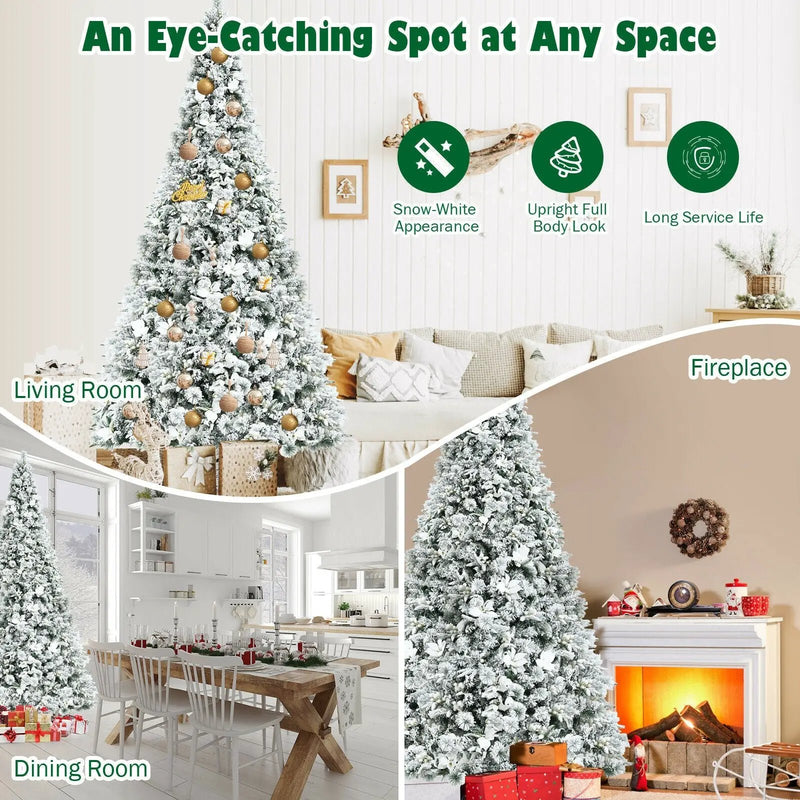 8 Feet Snow Flocked Hinged Christmas Tree with Berries and Poinsettia Flowers by DirectDeals