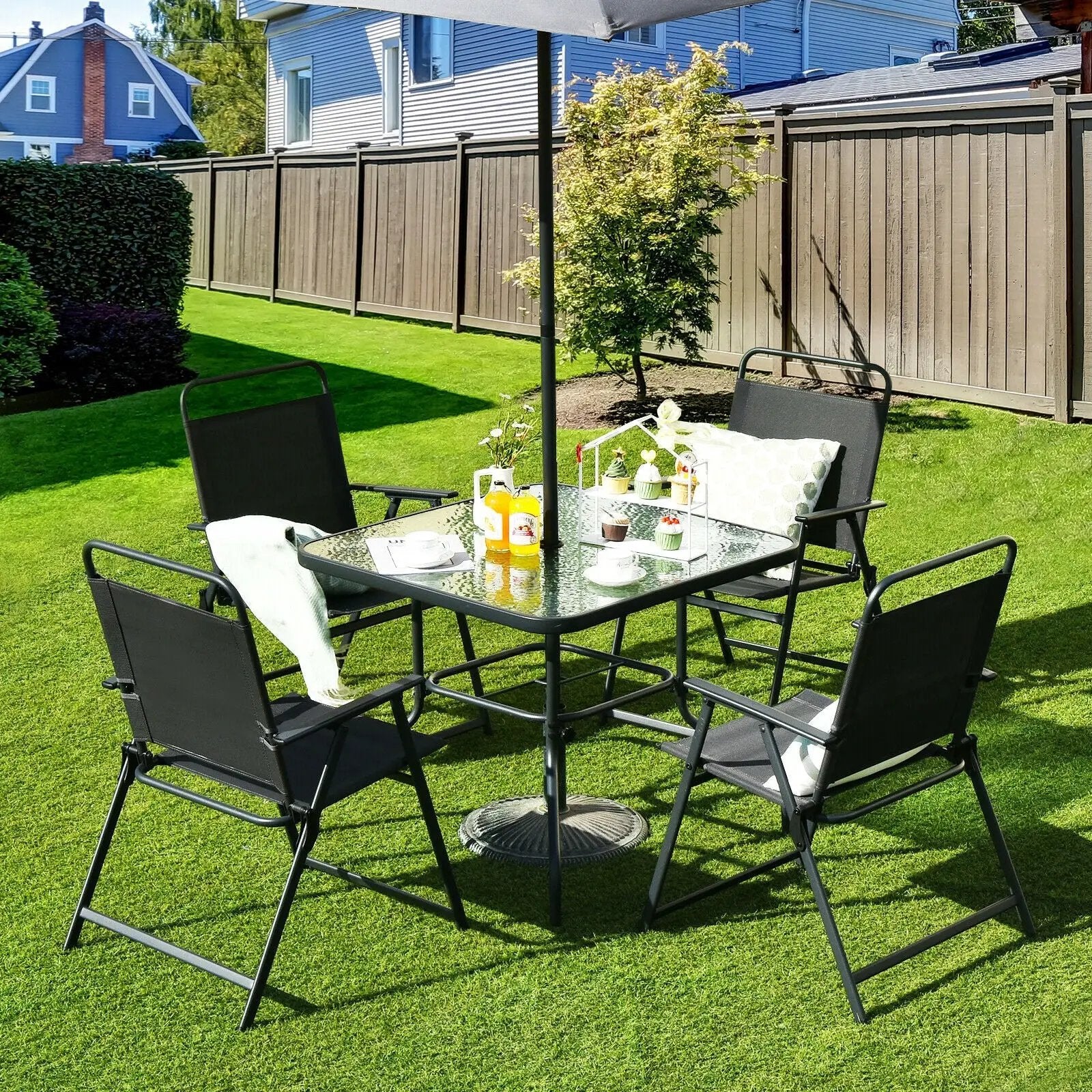 6 Pieces Patio Dining Set with Umbrella-Gray by DirectDeals