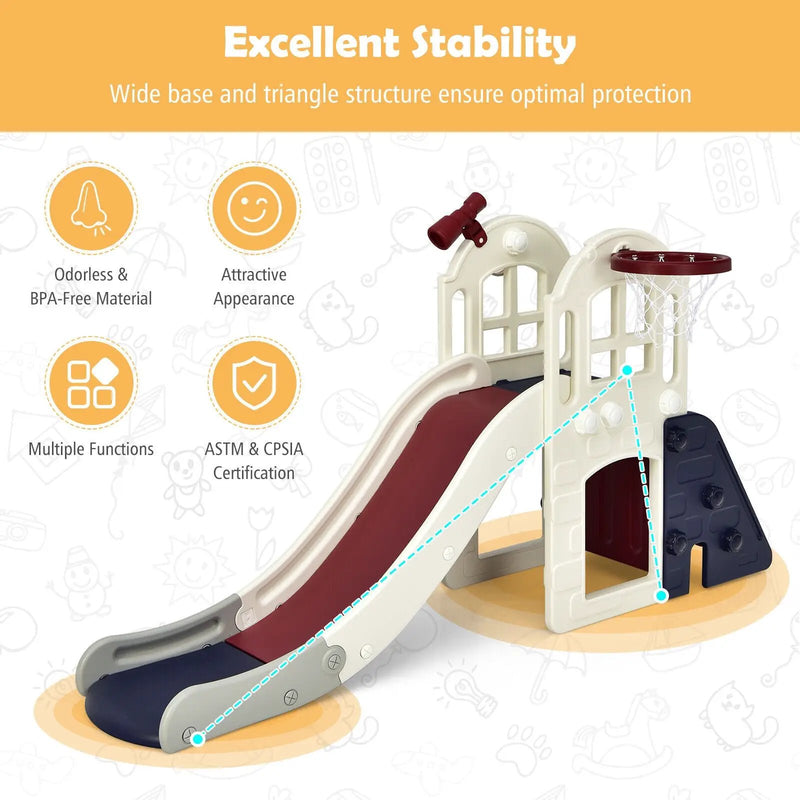 6-In-1 Large Slide for Kids Toddler Climber Slide Playset with Basketball Hoop by DirectDeals