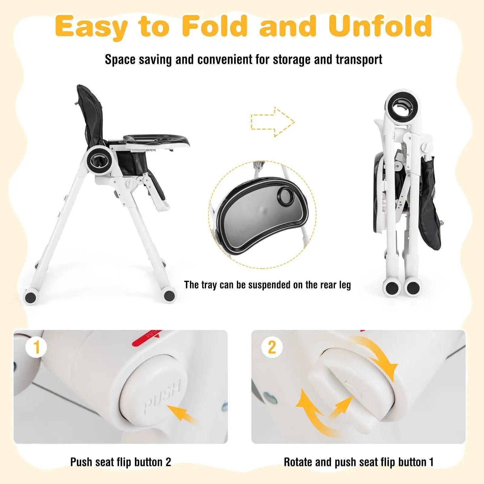 Baby High Chair Foldable Feeding Chair with 4 Lockable Wheels by DirectDeals