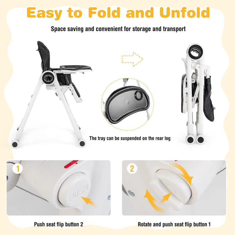 Baby High Chair Foldable Feeding Chair with 4 Lockable Wheels by DirectDeals