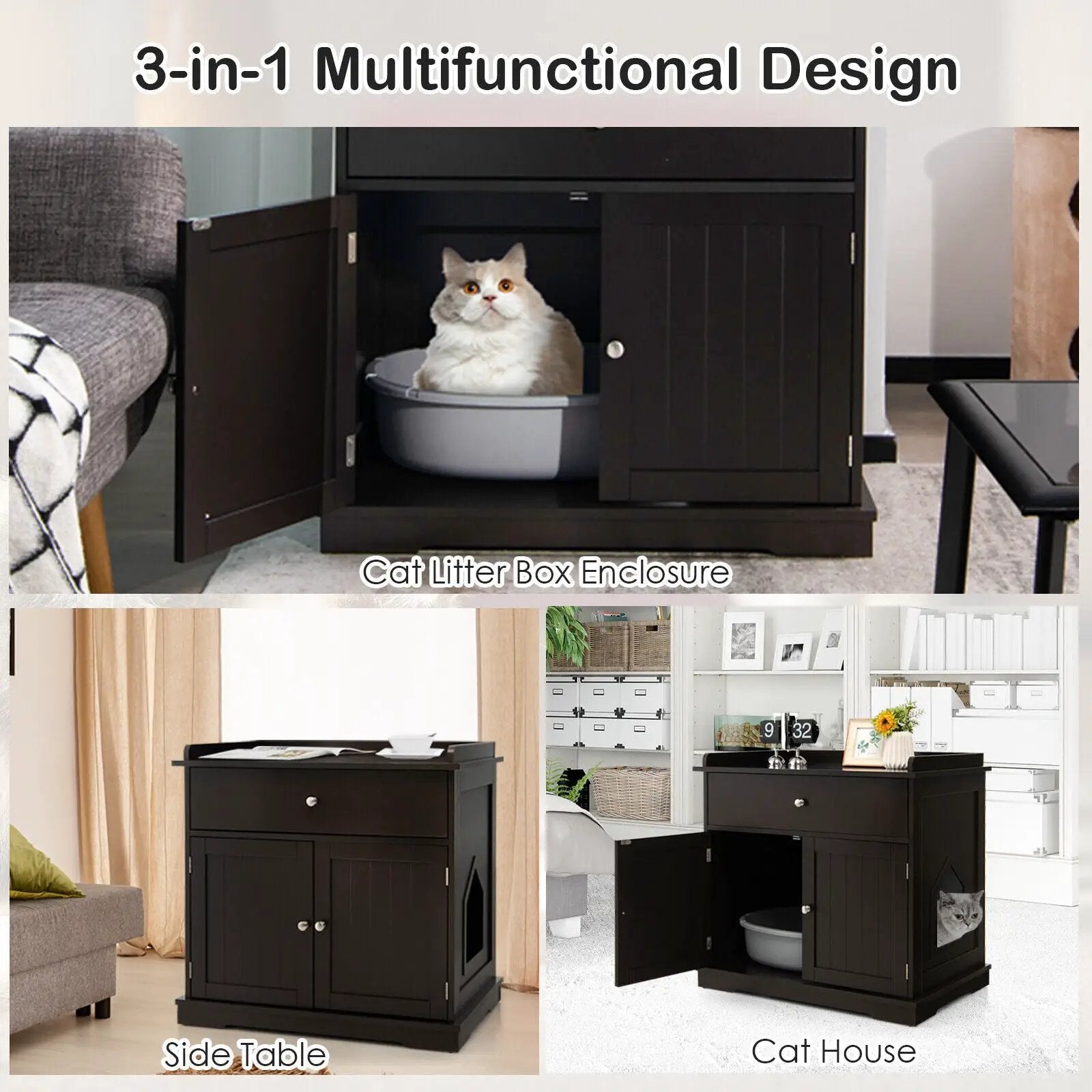 Wooden Cat Litter Box Enclosure with Drawer Side Table Furniture by DirectDeals