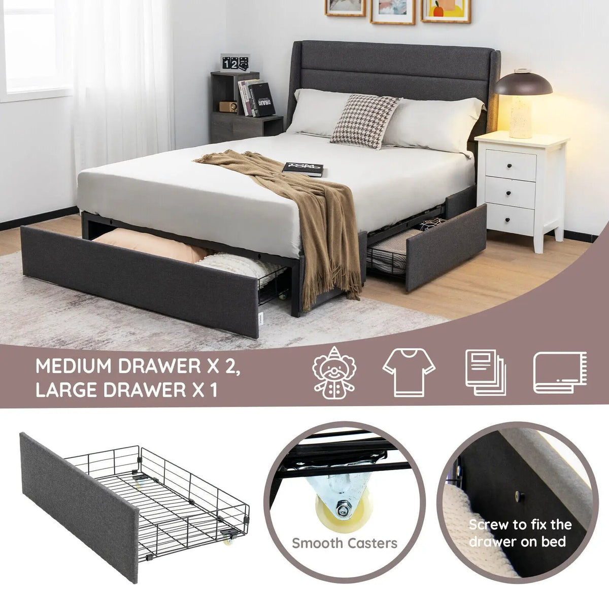 Upholstered Platform Bed Frame with 3 Storage Drawers, photo 8 of 9