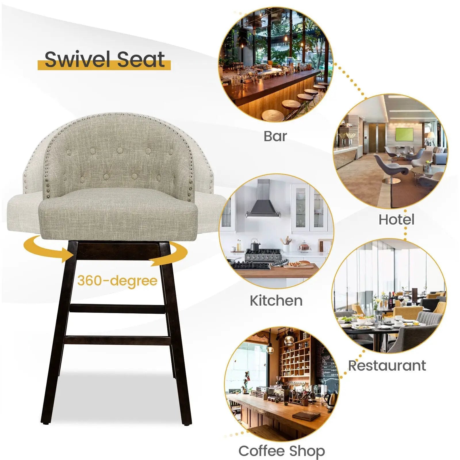 Set of 2 Swivel Bar Stools with Rubber Wood Legs and Padded Back by DirectDeals