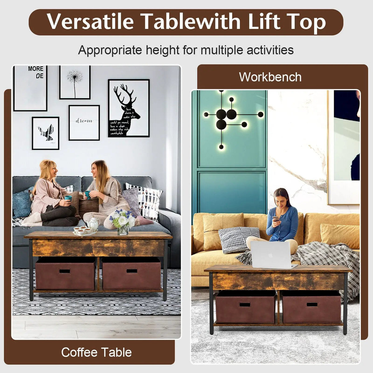 Lift Top Coffee Table Central Table with Drawers and Hidden Compartment for Living Room, photo 23 of 24