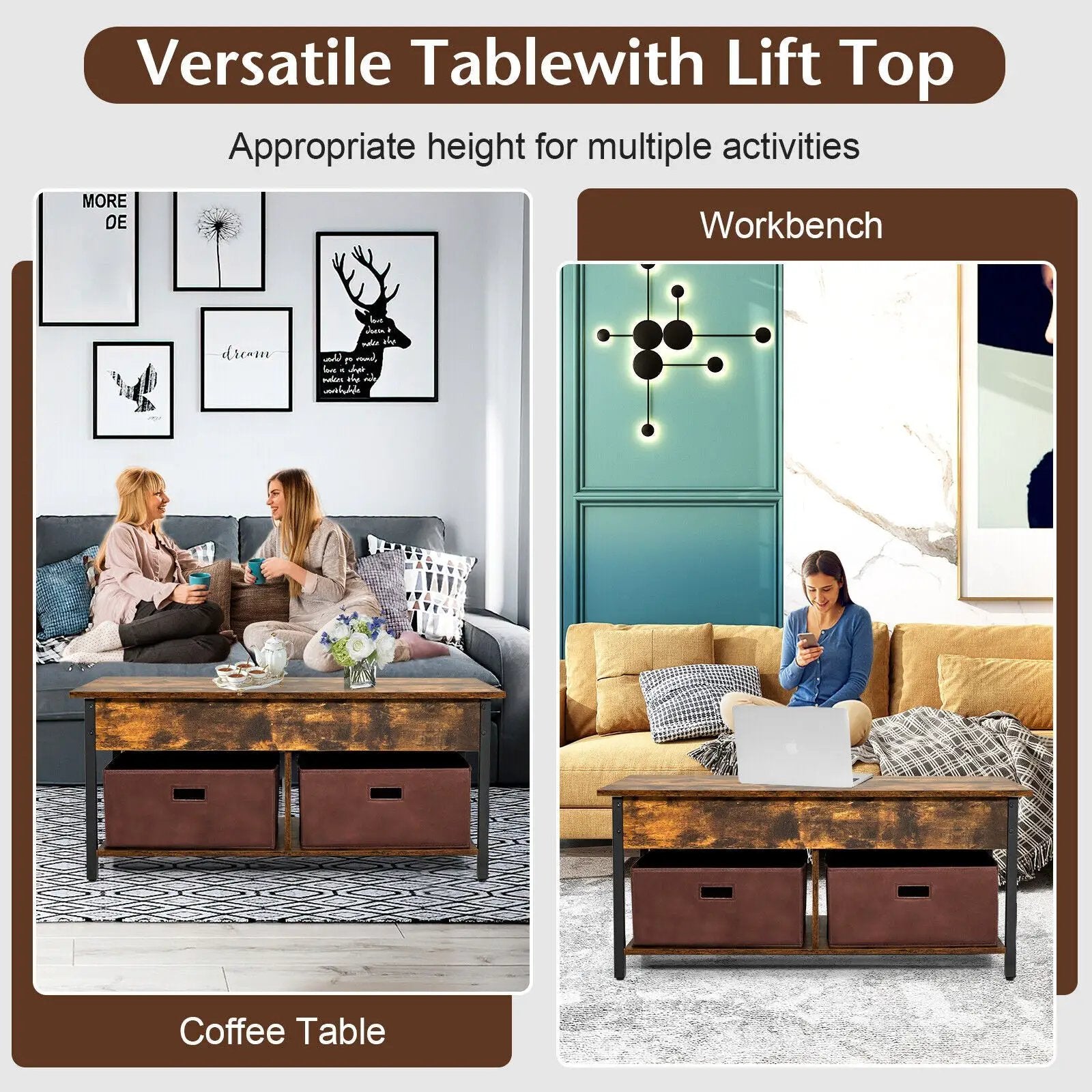 Lift Top Coffee Table Central Table with Drawers and Hidden Compartment for Living Room by DirectDeals