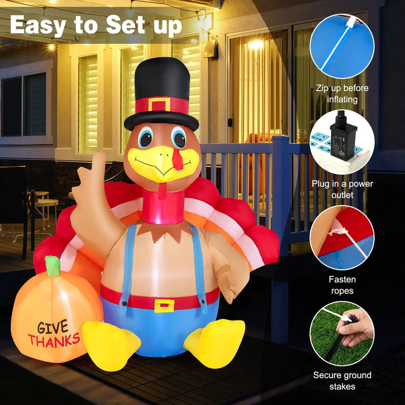 6 Feet Thanksgiving Inflatable Turkey with Pumpkin Fall Harvest Decor with Lights by DirectDeals