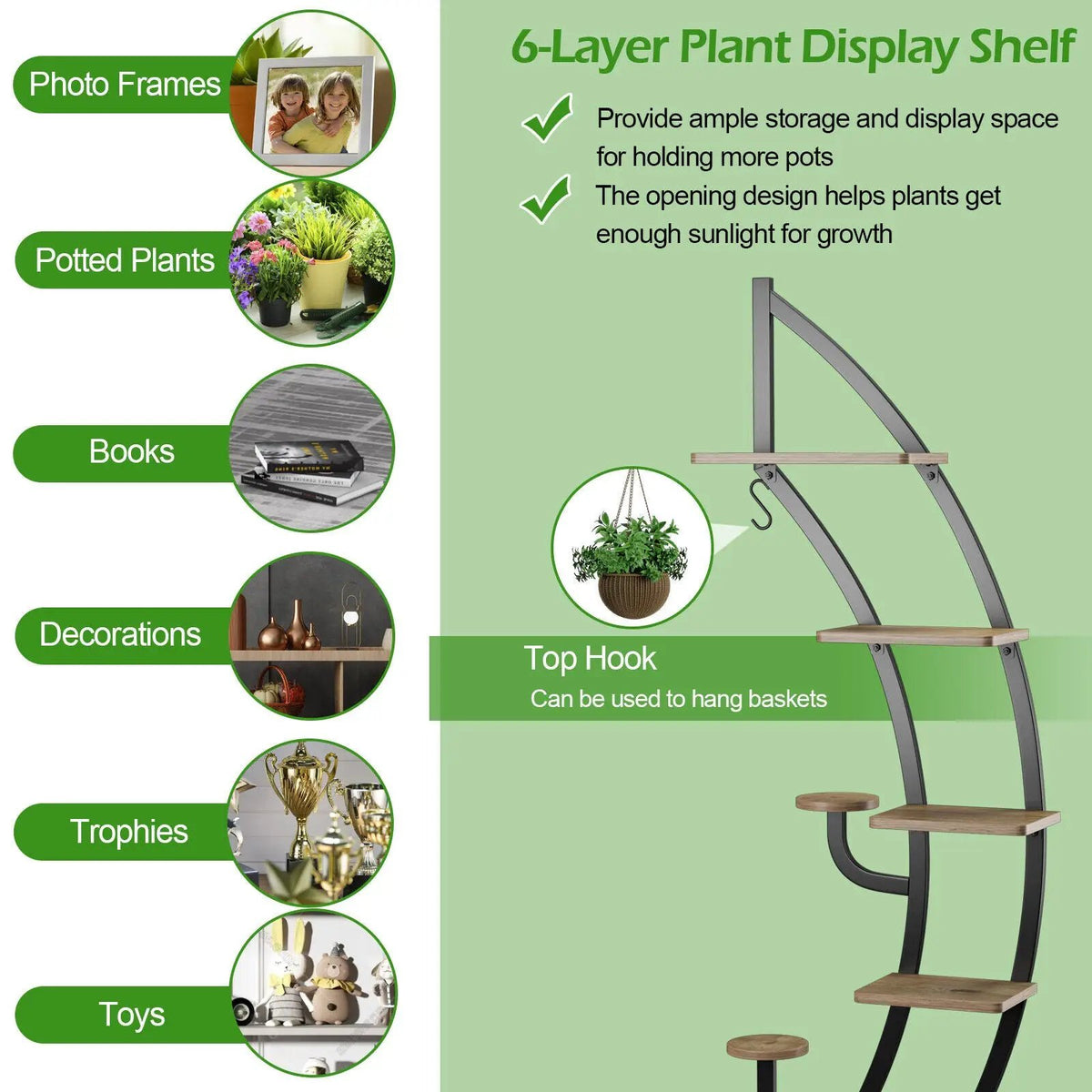 6-Tier 9 Potted Metal Plant Stand Holder Display Shelf with Hook-White, photo 6 of 7