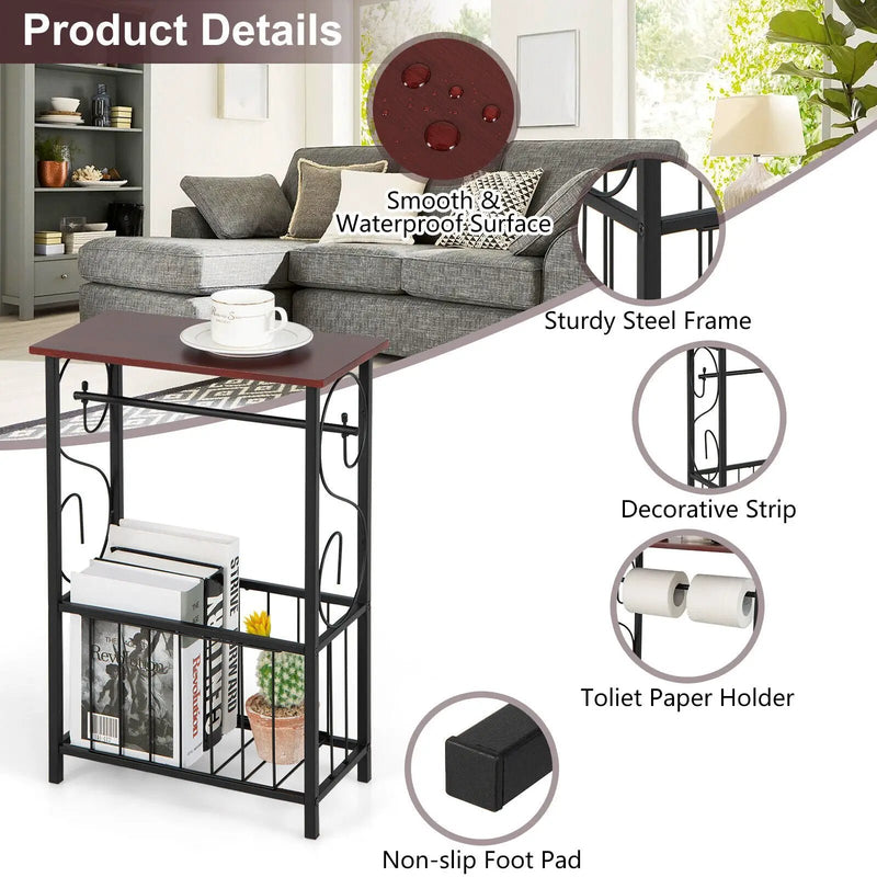 Side Sofa Narrow Table with Removable Paper Holder for Living Room-Brown by DirectDeals