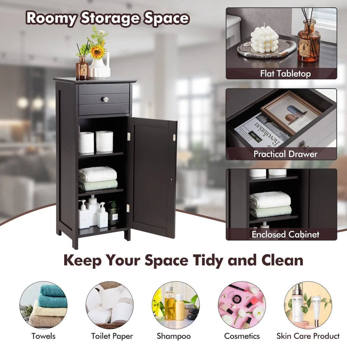 Wooden Bathroom Floor Storage Cabinet with Drawer and Shelf, photo 32 of 32