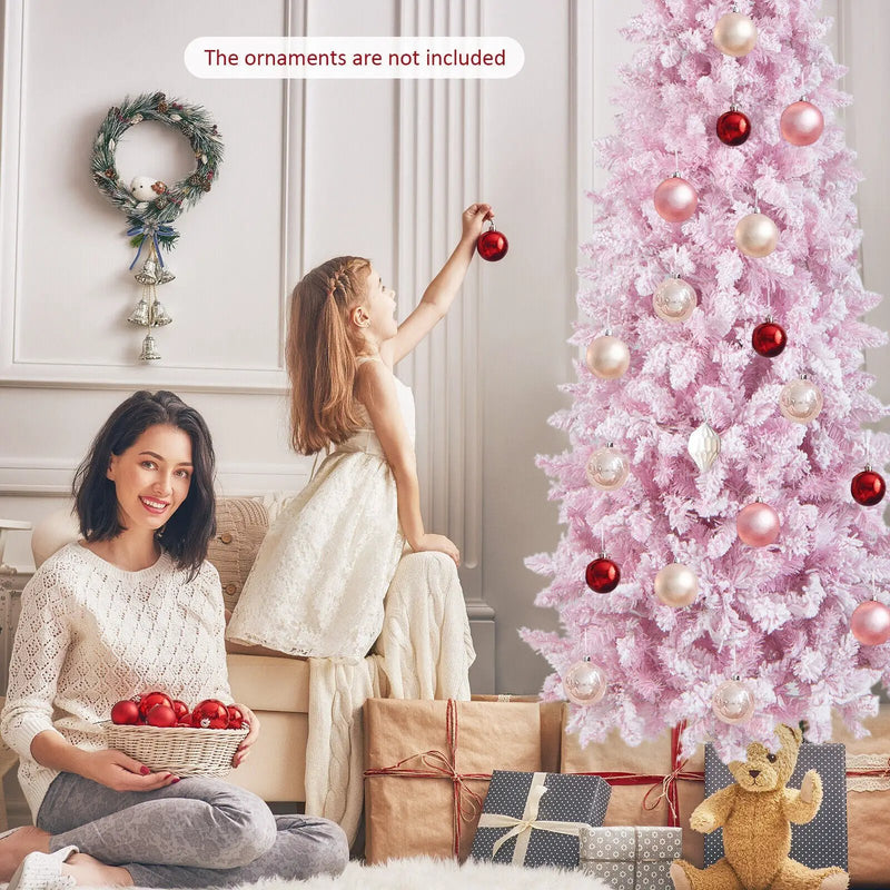 7 Feet Pre-Lit Snow Flocked Hinged Pencil Christmas Tree with 300 Lights and 8 Modes by DirectDeals