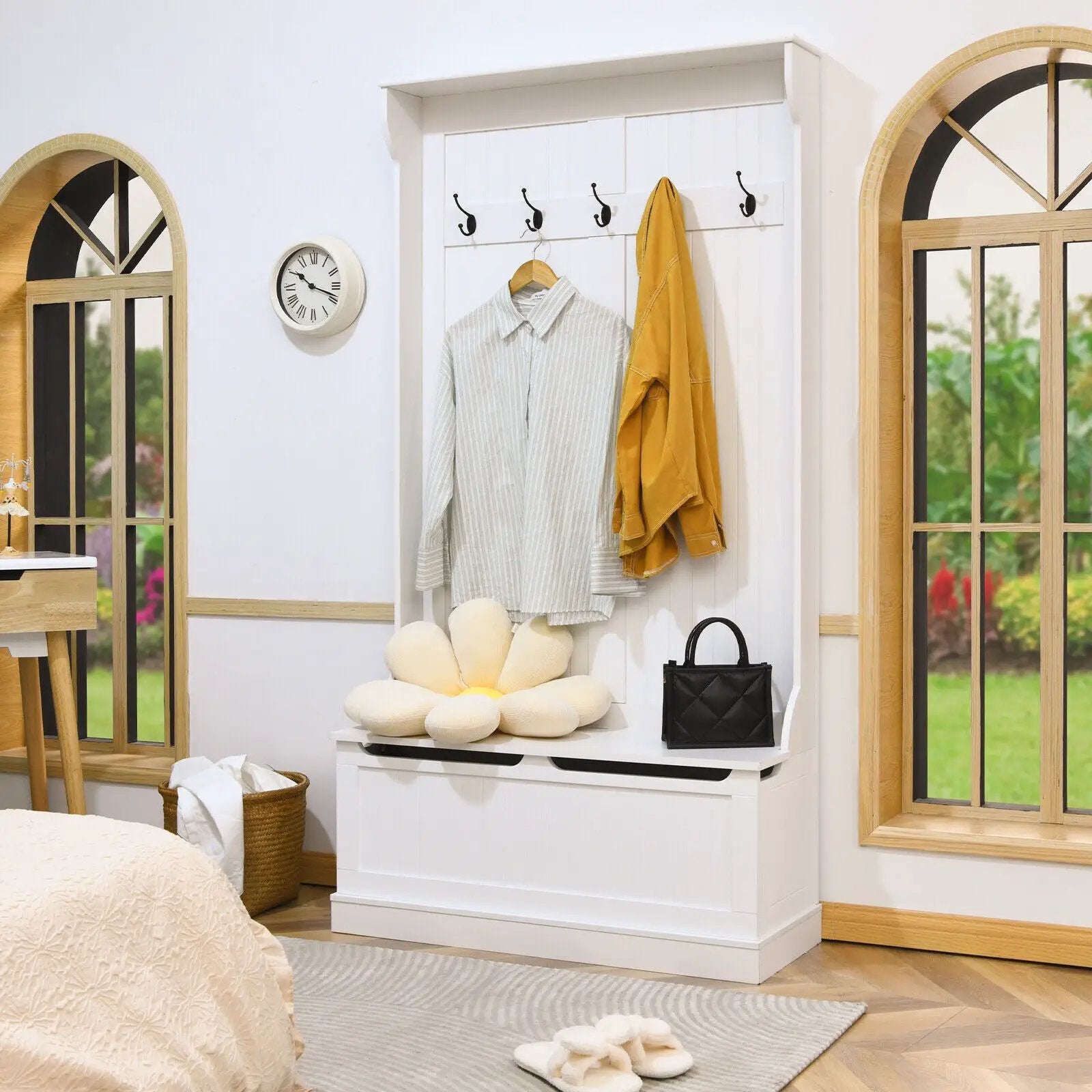 3-in-1 Entryway Hall Tree Coat Rack Shoe Bench with Hooks and Bottom Storage-White by DirectDeals