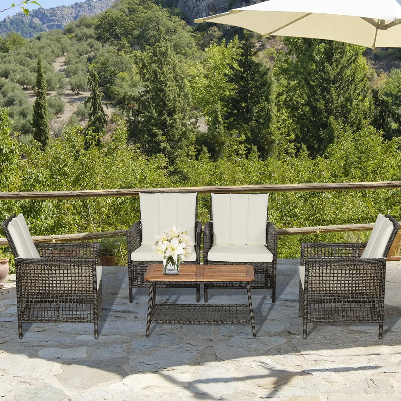 5 Pieces Patio Rattan Furniture Set Cushioned Sofa Armrest Wooden Tabletop-Off White by DirectDeals