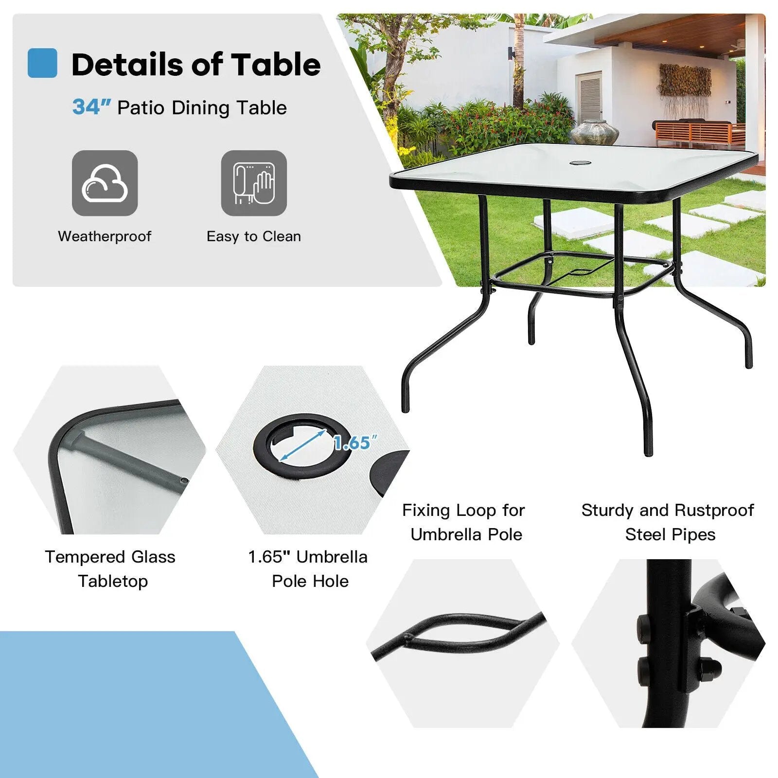 35 Inch Patio Dining Square Tempered Glass Table with Umbrella Hole by DirectDeals