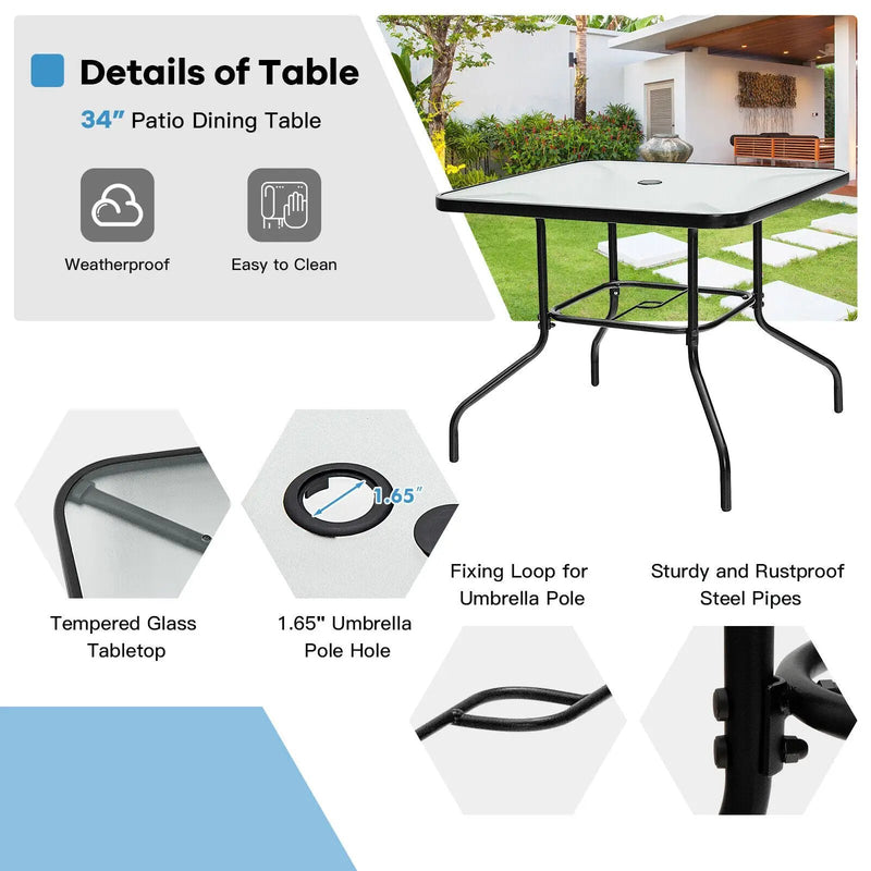 35 Inch Patio Dining Square Tempered Glass Table with Umbrella Hole by DirectDeals