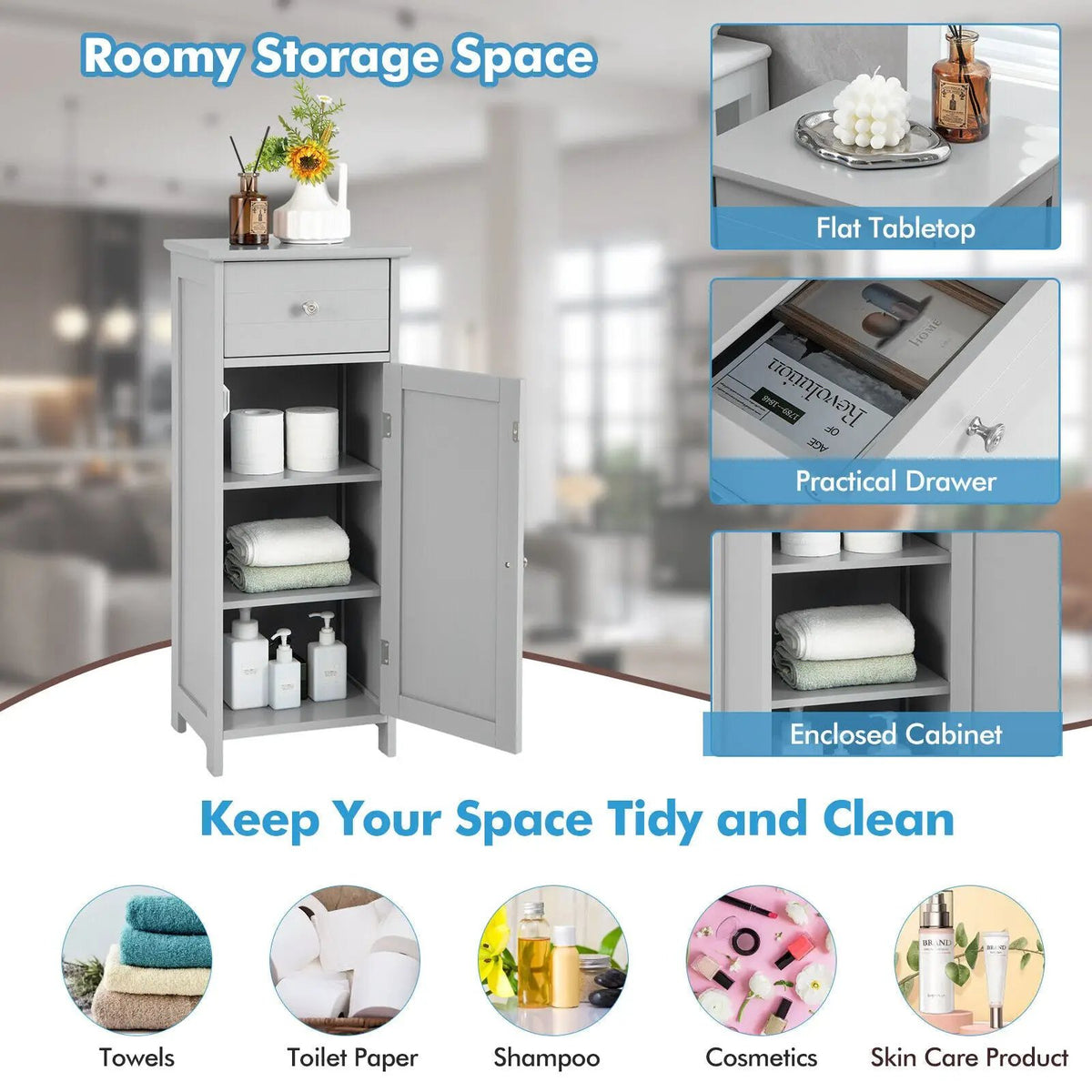 Wooden Bathroom Floor Storage Cabinet with Drawer and Shelf, photo 20 of 32