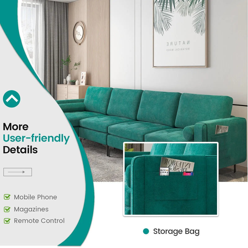 Modular L-shaped 4-Seat Sectional Sofa with Reversible Chaise and 2 USB Socket by DirectDeals