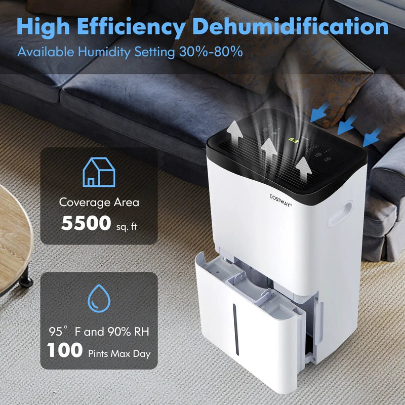 100-Pint Dehumidifier with Smart App and Alexa Control for Home and Basements-White by DirectDeals