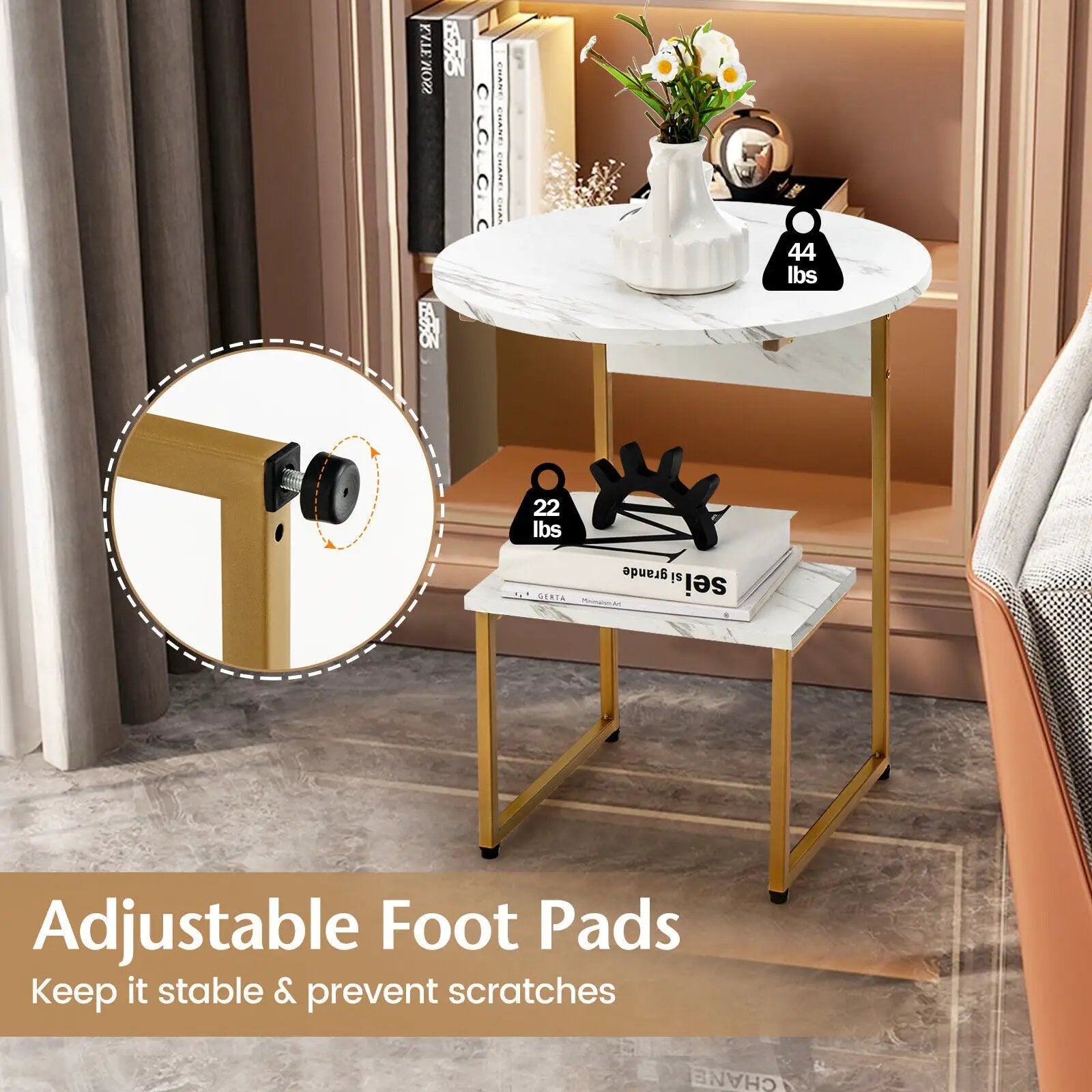 2-Tier Round End Beside Table with Metal Frame-White by DirectDeals