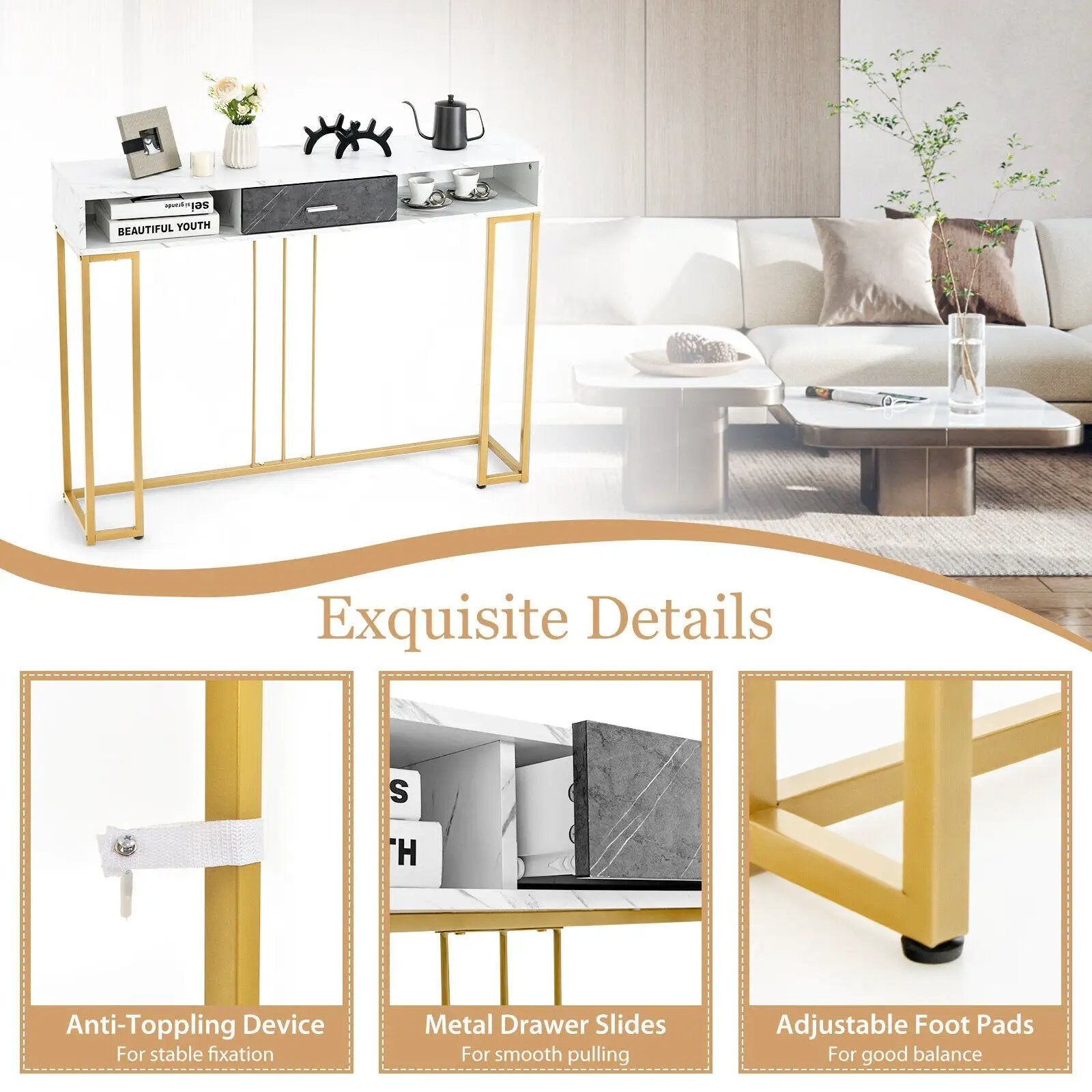 Narrow Long Sofa Table for Living Room-White by DirectDeals