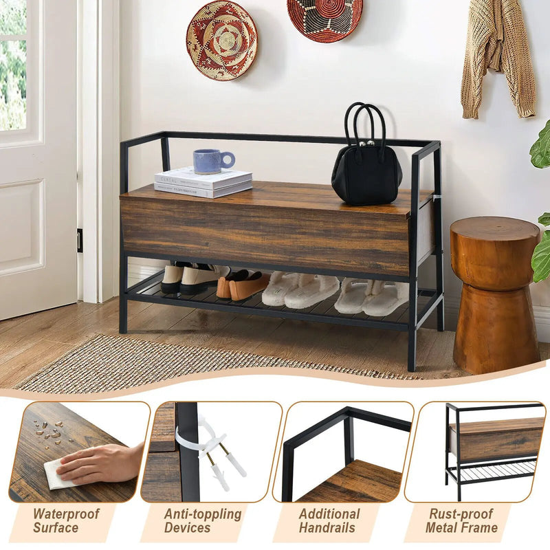 Industrial Shoe Bench with Storage Space and Metal Handrail-Rustic Brown by DirectDeals
