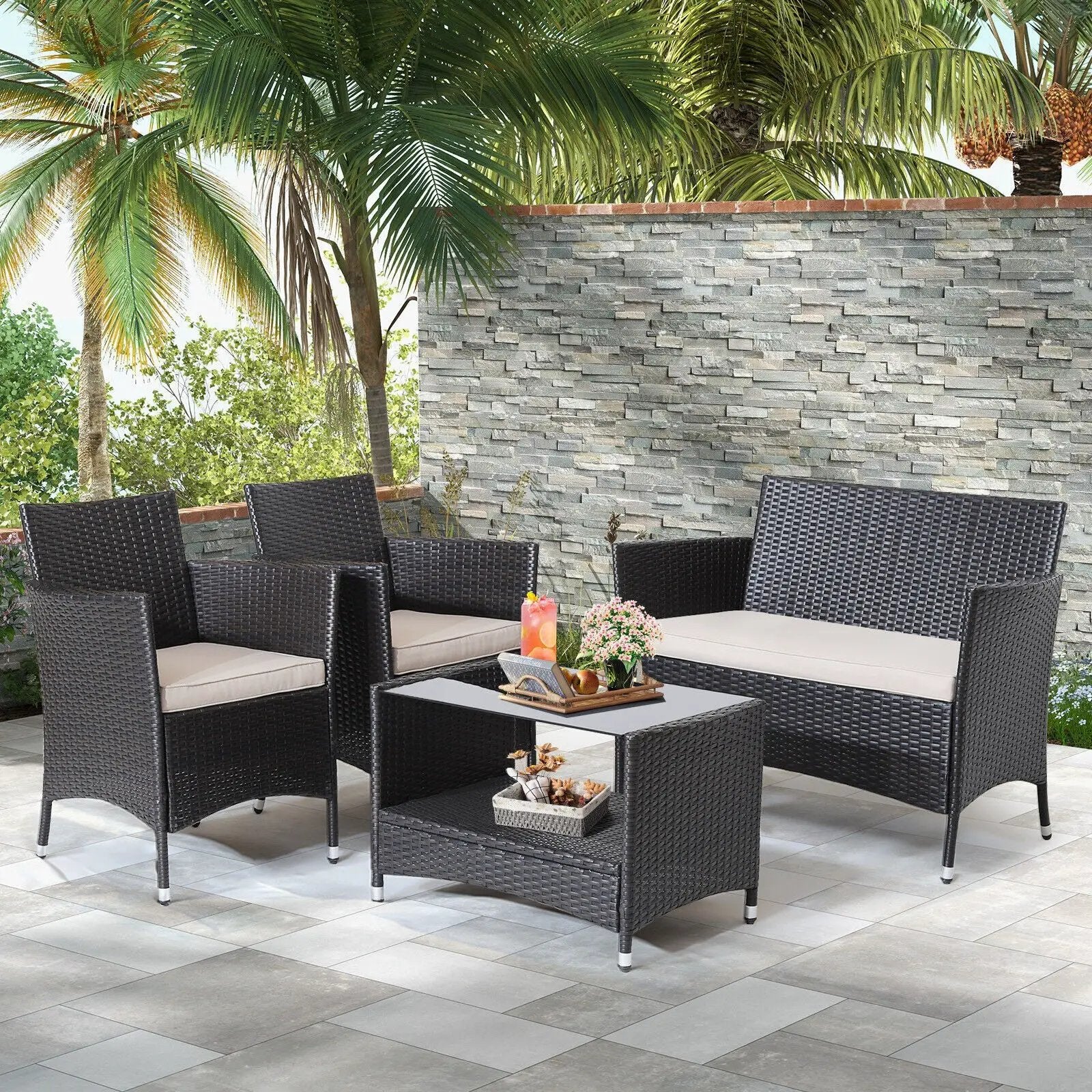 4 Pieces Patio Conversation Set with Soft Cushions and Tempered Glass Tabletop by DirectDeals