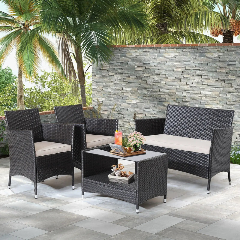 4 Pieces Patio Conversation Set with Soft Cushions and Tempered Glass Tabletop by DirectDeals