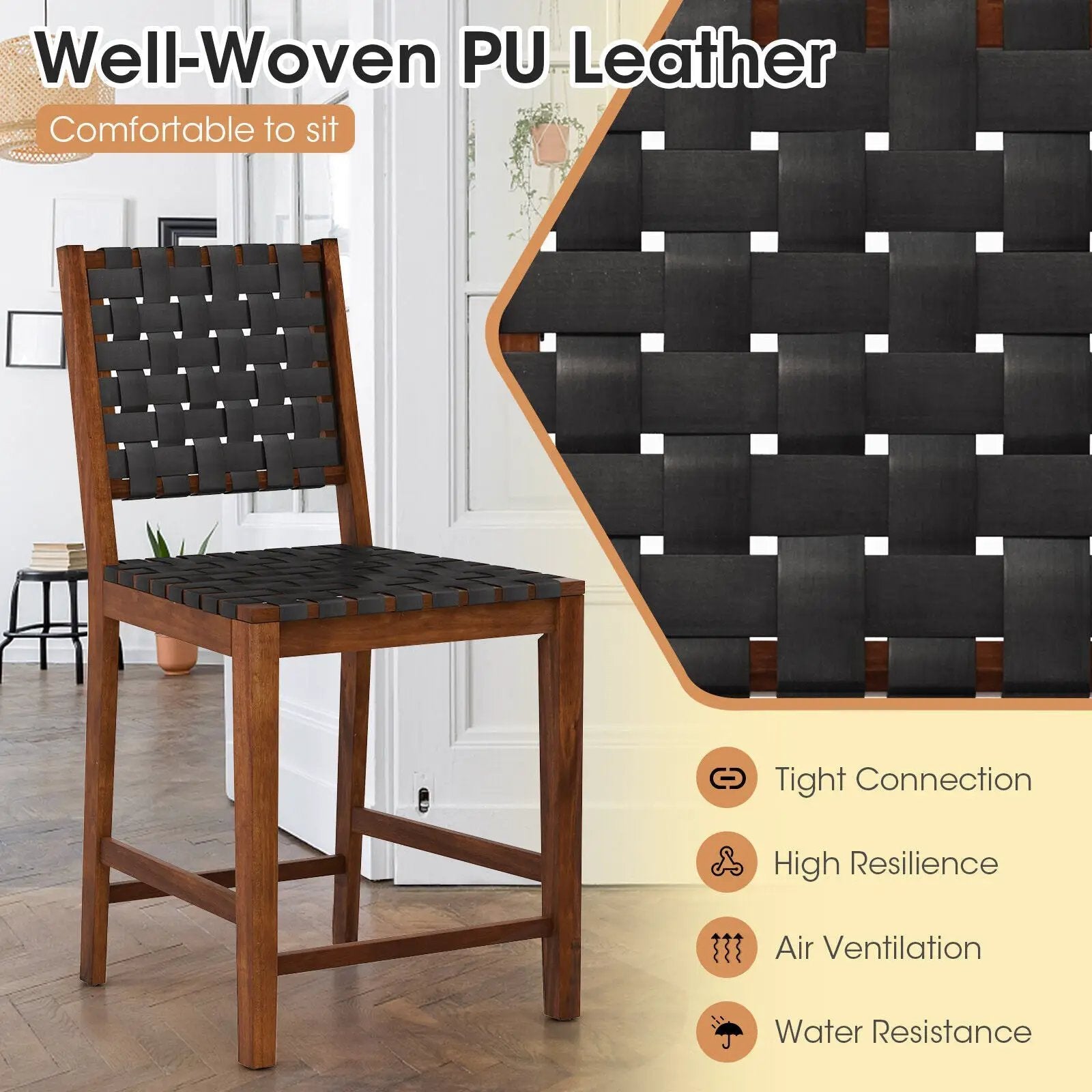 Set of 2 Woven Bar Stools with Faux PU Leather Straps-Black by DirectDeals