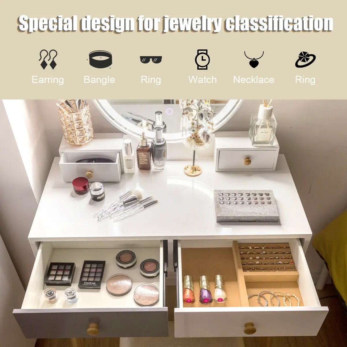 Makeup Dressing Table with 4 Drawers and Lighted Mirror by DirectDeals