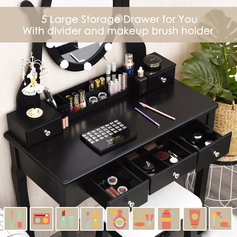 10 Dimmable Lights Vanity Table Set with Lighted Mirror and Cushioned Stool by DirectDeals