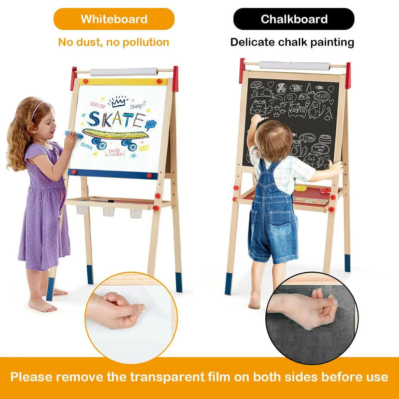 All-in-One Wooden Height Adjustable Kid's Art Easel with Magnetic Stickers and Paper by DirectDeals