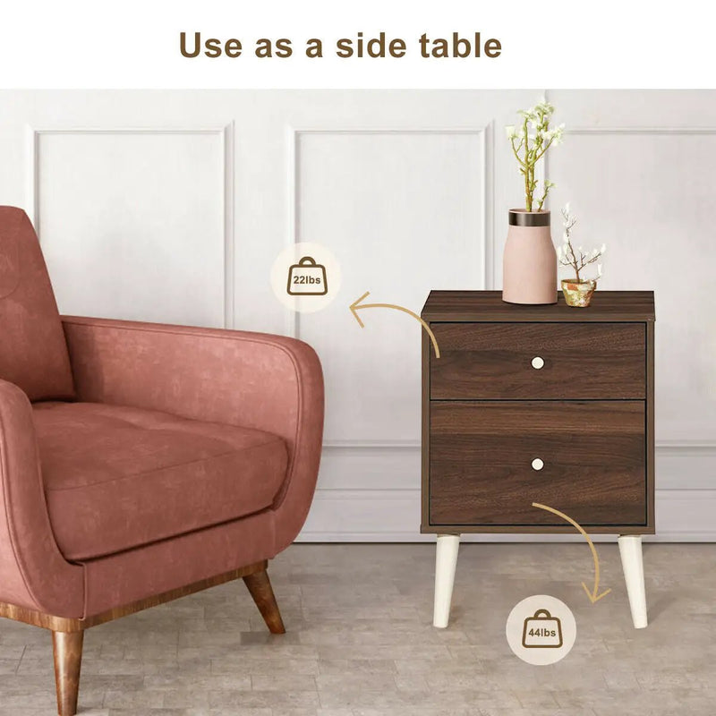 2-Drawer Nightstand Beside End Side Table with Rubber Legs by DirectDeals